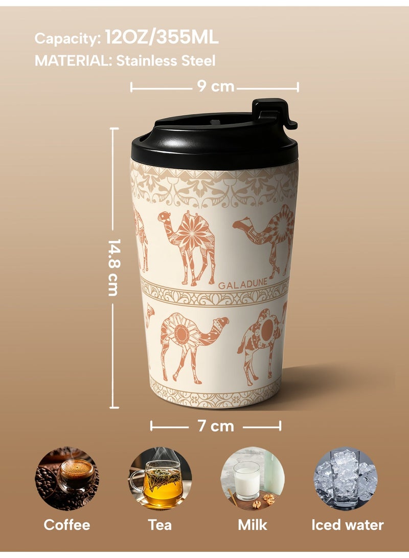 جالادون كوب قهوة للسفر من الفولاذ المقاوم للصدأ بسعة 12 أونصة، كوب محمول معزول حرارياً بتقنية التفريغ، كوب قهوة مانع للتسرب للمشروبات الباردة والساخنة، تصميم بسيط بلون الجمل، مناسب للمنزل والمكتب والاستخدامات الخارجية. - Image 2